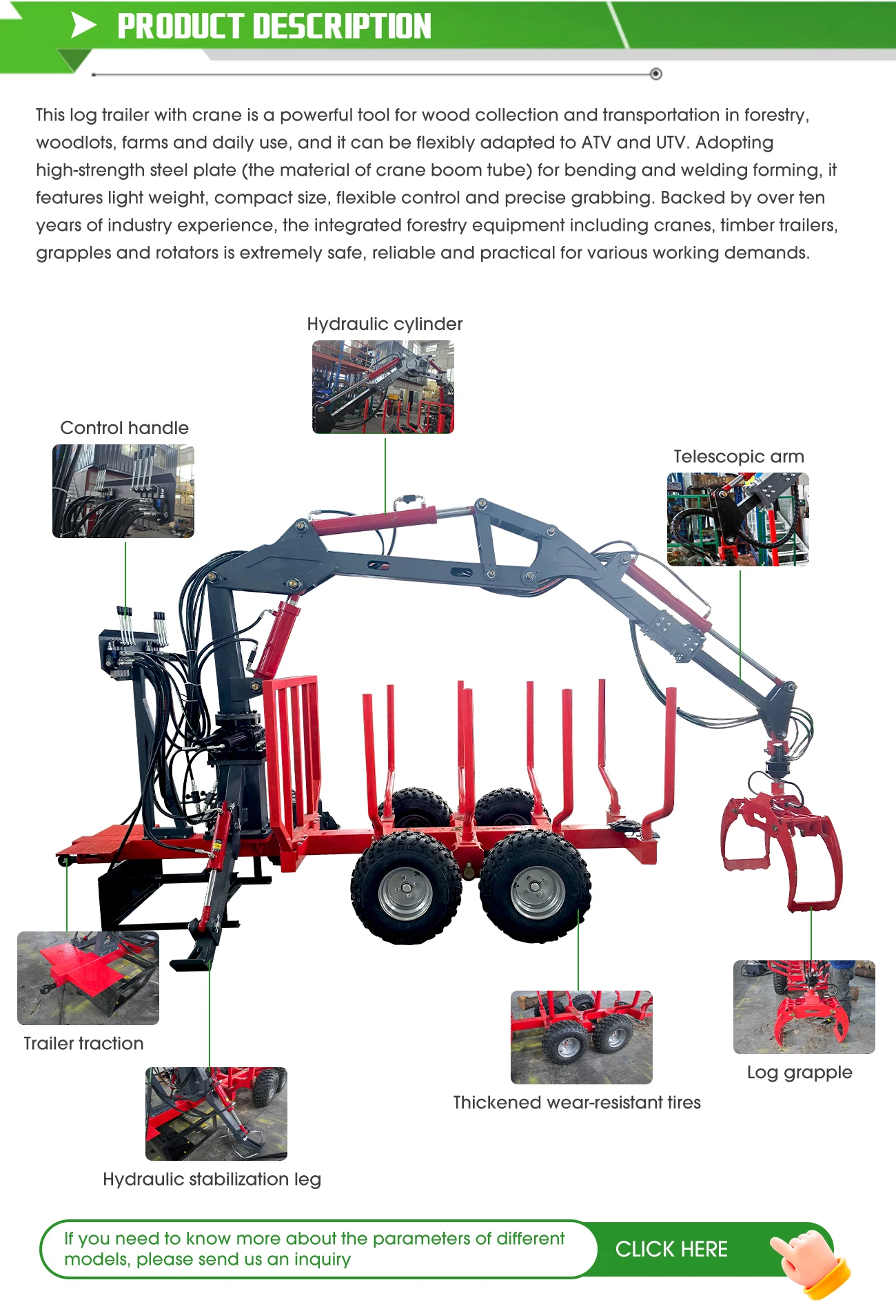Heavy-Duty ATV Wood Trailer Timber Truck Cranes Log Farm Trailer Rotary Grapple Log Cranes for Wood Decamion Hot Sale