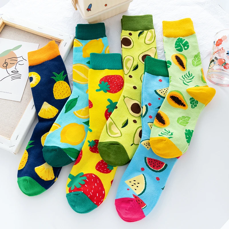 Men Women Funny Cotton Socks Fashion Hip Hop Harajuku Fruit Food Avocado Lemon Hamburger pizza Bacon Happy Casual Crew Socks