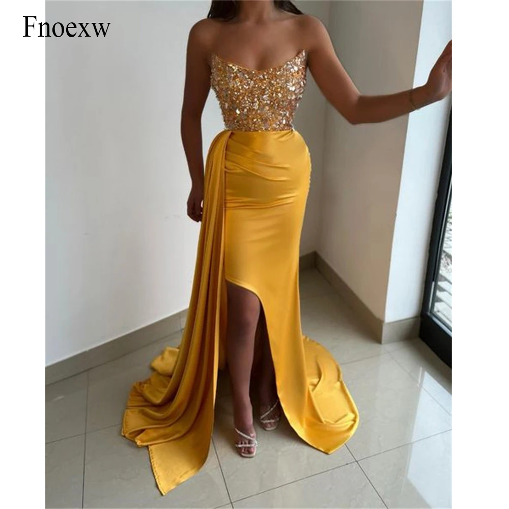 

Fnoexw Gold Shiny Mermaid Evening Dresses Sleeveless Strapless Sparkly Crystals Party Dress With High Slit Formal Prom Gowns