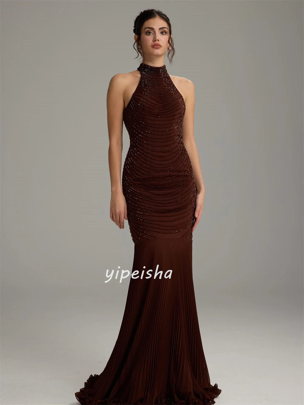 맞춤형 우아하고 정교한 쉬폰 비딩 주름 장식 머메이드 하이 칼라 롱 드레스 이브닝 드레스 다양한 사이즈 제공