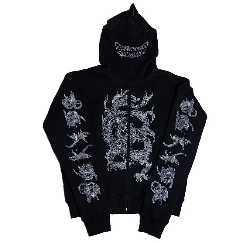 Men Y2K Fashion Full Zip Hoodie Rhinestone Graphics Print Oversized Sweatshirts Gothic Punk Harajuku Long Sleeve Hooded Jacket