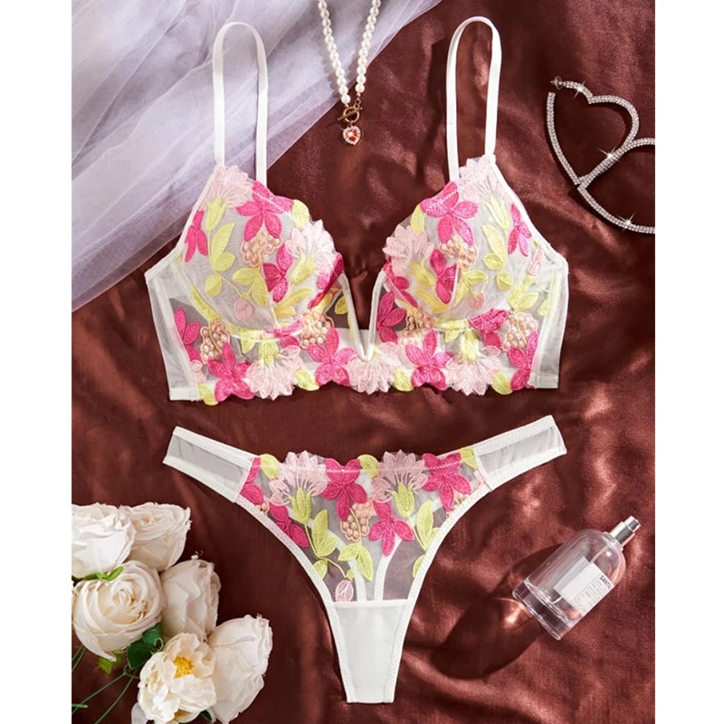 

Fairy Sexy Lingerie Set Floral Beautiful Mesh Underwear Luxury Embroidery Intimate Bra and Panty Set Romantic Erotic Lingerie