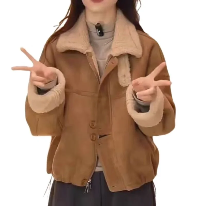 Damen-Ort-Thiened-Fce-Jacke aus gefüttertem Wildleder mit Fellbesatz, lässig, Herbst-Winter, neue Mode, schlichtes Oberteil