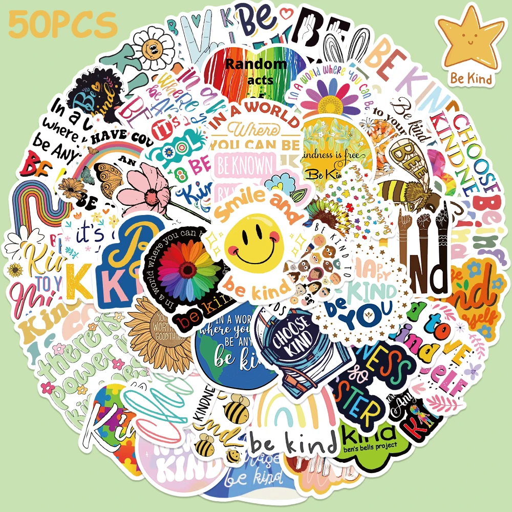 50pcs Be Kind Friendly Psychology Stickers DIY Laptop Luggage Skateboard Scrapbook Vinyl Waterproof Graffiti Decals Stickers