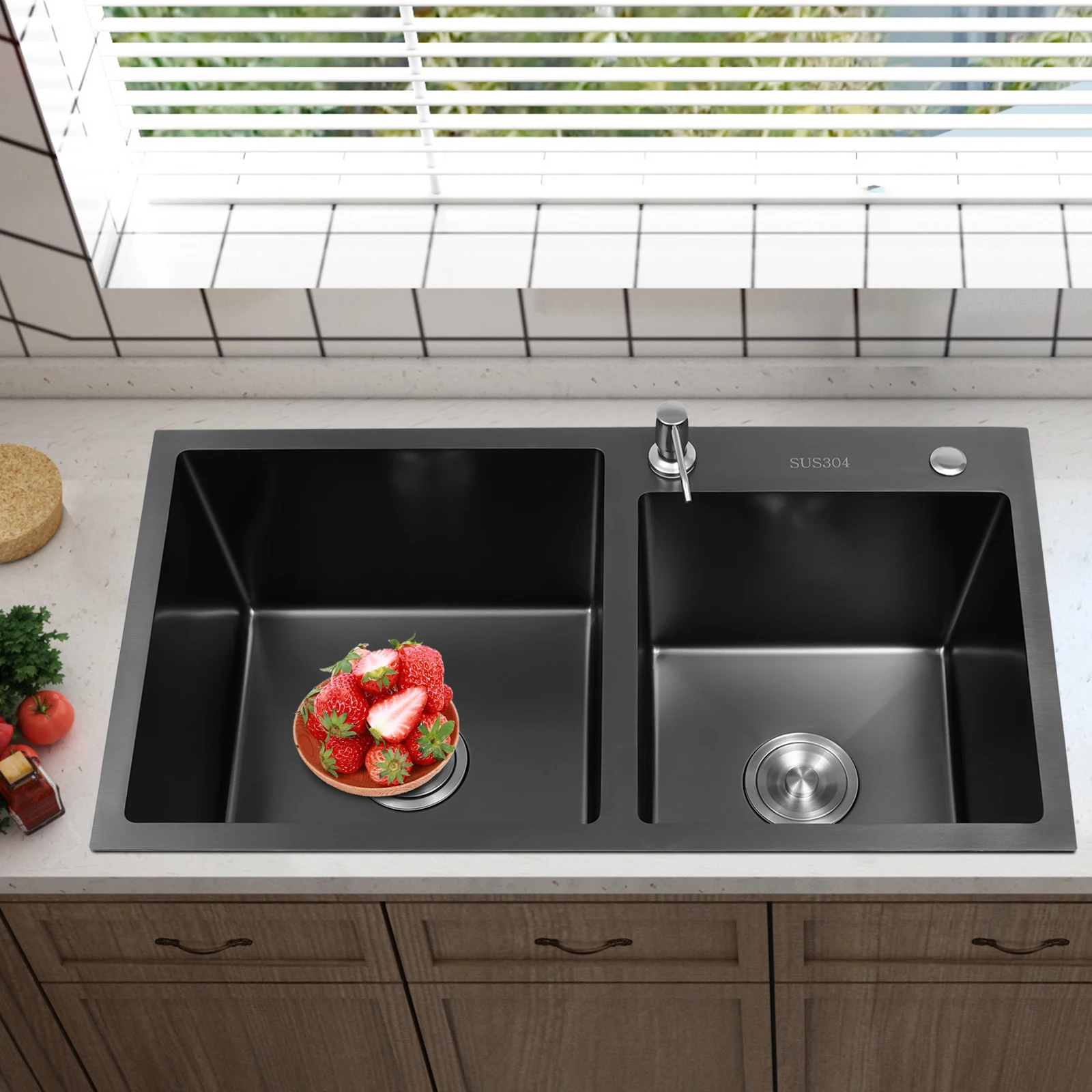 78x43CM Kitchen Sink Double Basin Stainless Steel Inset Basket Built-in Sink w/Drainer & Soap Dispense