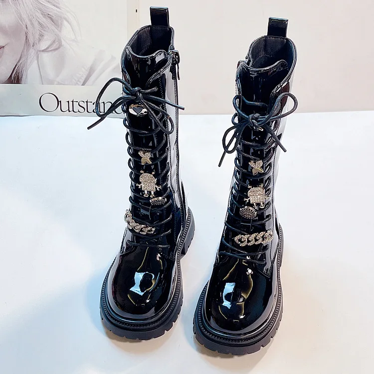 2025 Autumn Winter New Fashion Girls Bright Leather High Boots Flower Lace-up Rhinestone Decoration Children Long Knight Boots - view 2