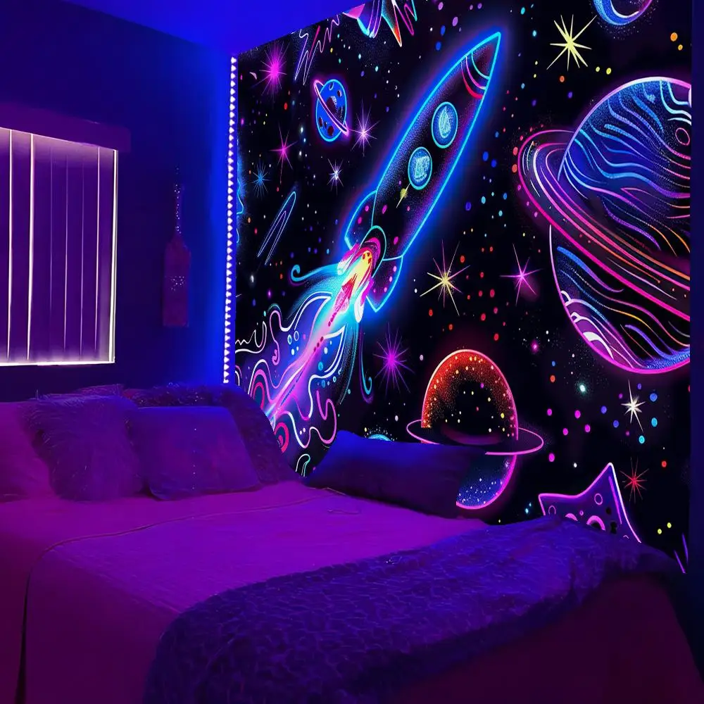 Space Holographic Pattern Tapestry Custom Living Bedroom Party Dormitory Interior Wall Bohemian Decoration Attached Clip