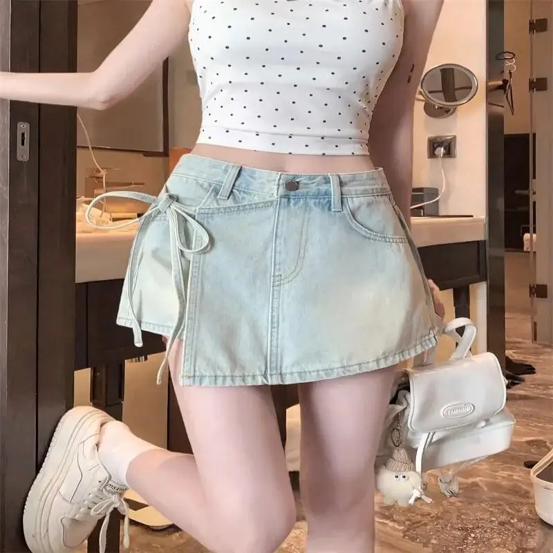 Korean Style Fake Two Piece Irregular Design Denim Skirt Simple Style Summer A Line High Waist Fashion Tie Waist Short Skirt