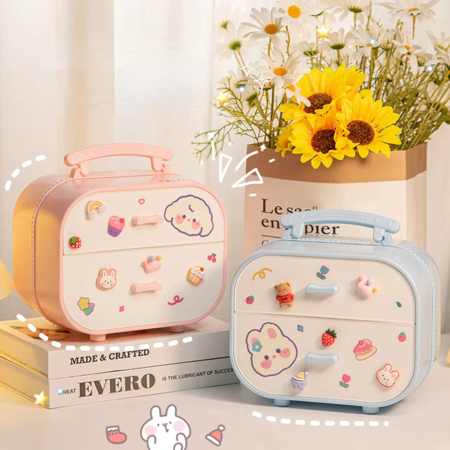 Cute Cartoon Style Jewelry Headwear Desktop Stationery Cosmetic Box for Dormitory Girls Student Drawer Desk Finishing