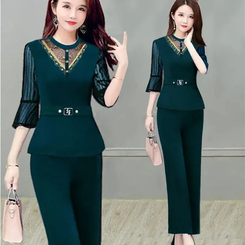 Two-piece Set 2024 New Spring Summer Long-sleeved Suit Female Lace Net Korean Version of Thin Fashion Temperament Women\'s Wear X