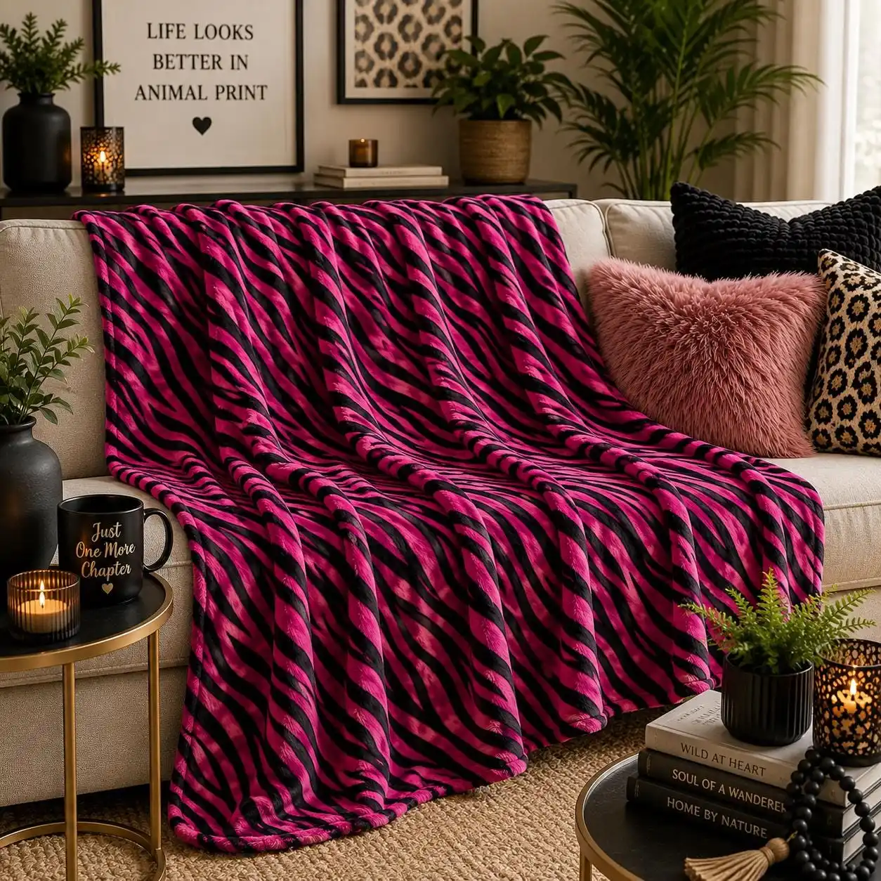 Vibrant Pink and Black Zebra Print Throw Blanket Cozy Sofa Bedding Luxury Fleece Throw for Couch Decor