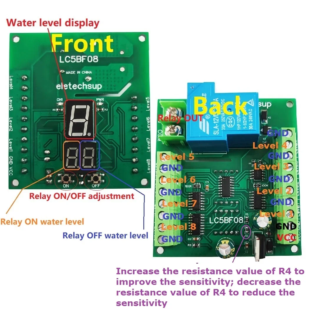 DC12V Water Level Controller Relay Module Digital Tube Display 0-8 Level 30A Relay for Automatic Water Tower Pump Control