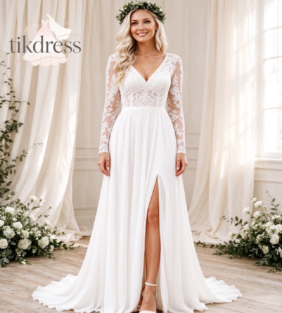 Bohemian White Wedding Dress V‑Neck Long Lace Sleeves Chiffon Side High Slit Sweep Train Simple Outdoor Beach Bridal Gown Custom