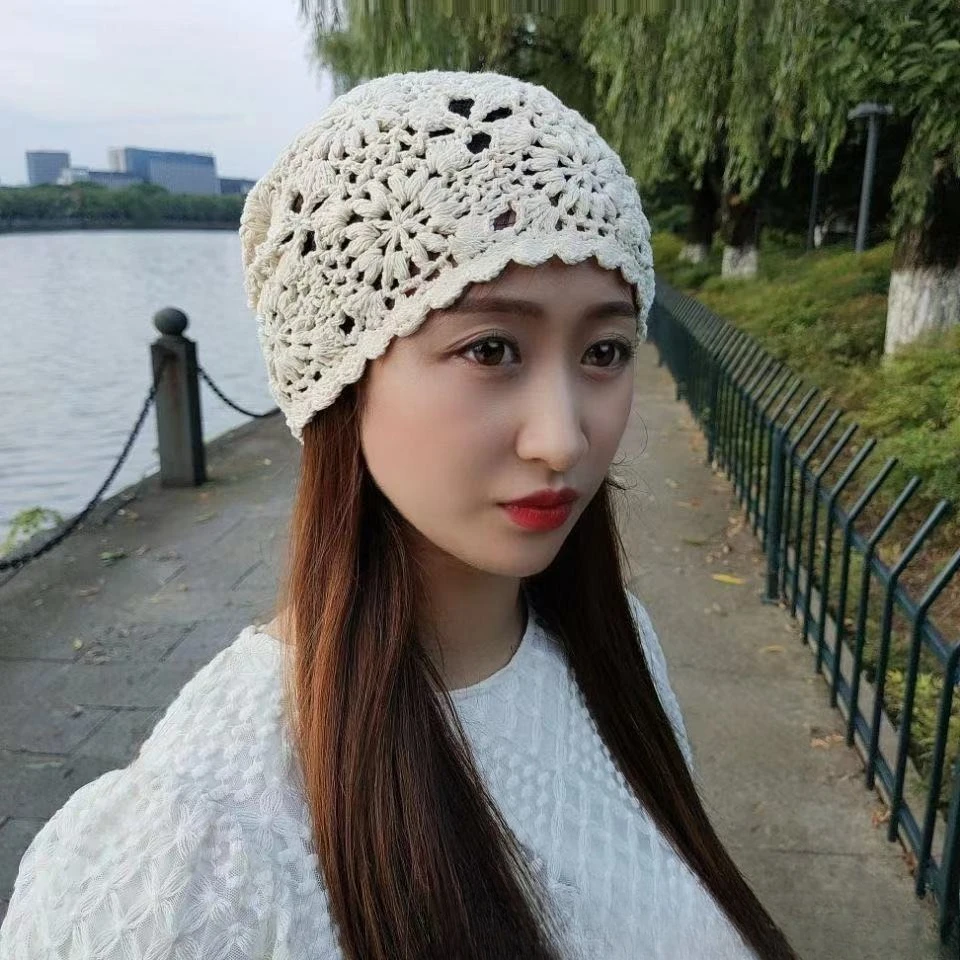 Gewebte Pullover-Mütze im japanischen Stil, dünne, ausgehöhlte Mützen, Mütze für Damen, Retro-künstlerische Strickmütze – Detail 7