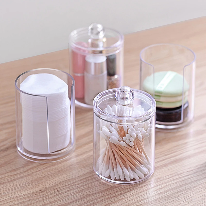 Acrylic Storage Box Bathroom Jar Makeup Organizer Cotton Round Pad Holder Cotton Swab Box Qtip Holder Dispenser with Bamboo Lid