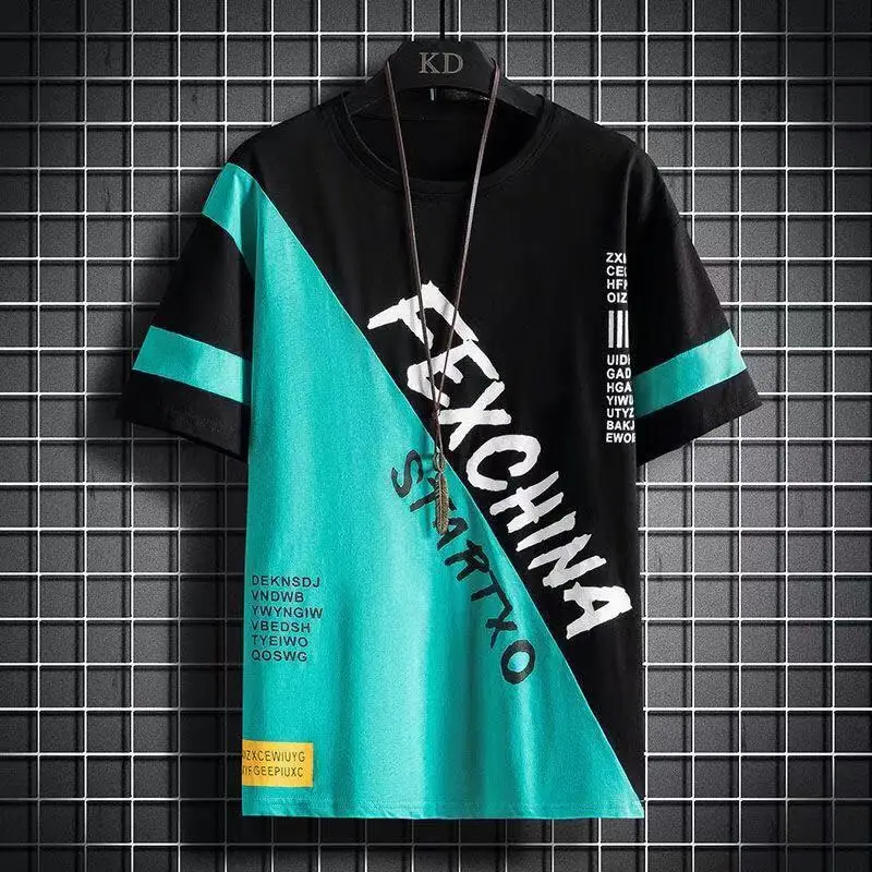 Men\'s Trend Letter Print Tops Tees Summer New Short Sleeve O-neck Plus Size Contrast Loose T Shirts Fashion Casual Men Clothing