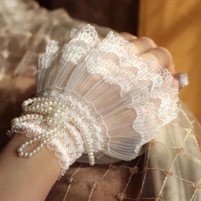 Sweet false lace cuffs pearl hand sleeves detachable flared sleeve wristband decorative women bride wedding accessories