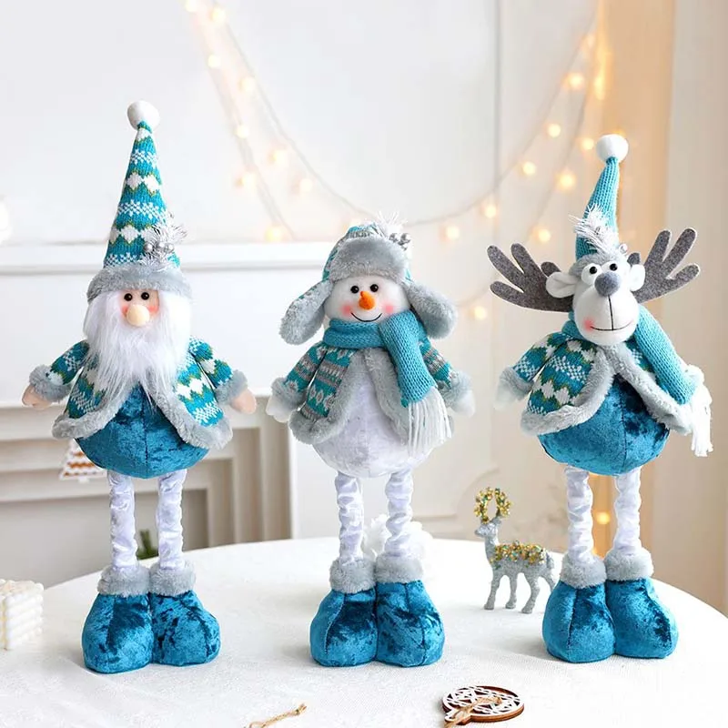 Christmas Telescopic Standing Plush Doll Santa Snowman Reindeer Blue Xmas Figurine Ornament Stretchable Leg New Year Party Gift