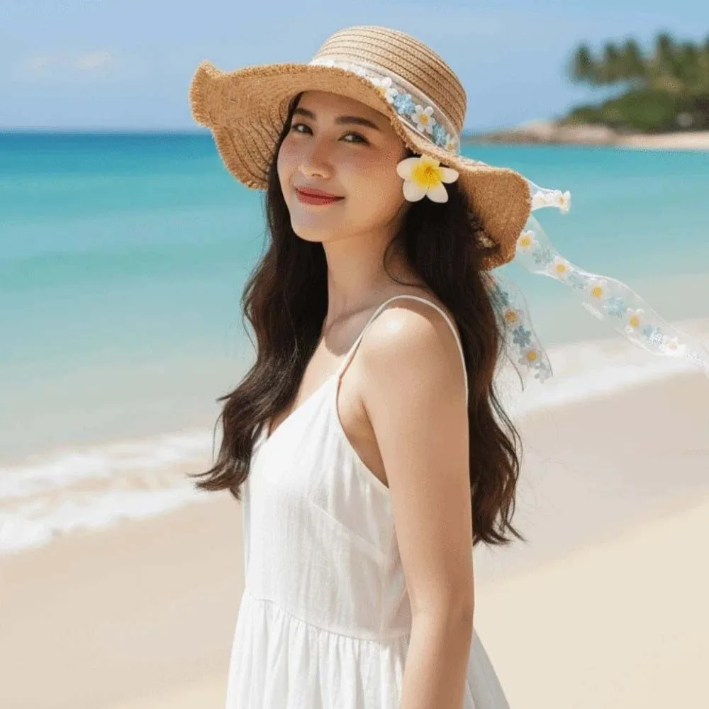 Live Show Breathable Vacation Beach Cap with Garland Lightweight Big Brimmed Straw Hat Sombrero with Lace Woven Sun Cap Daily