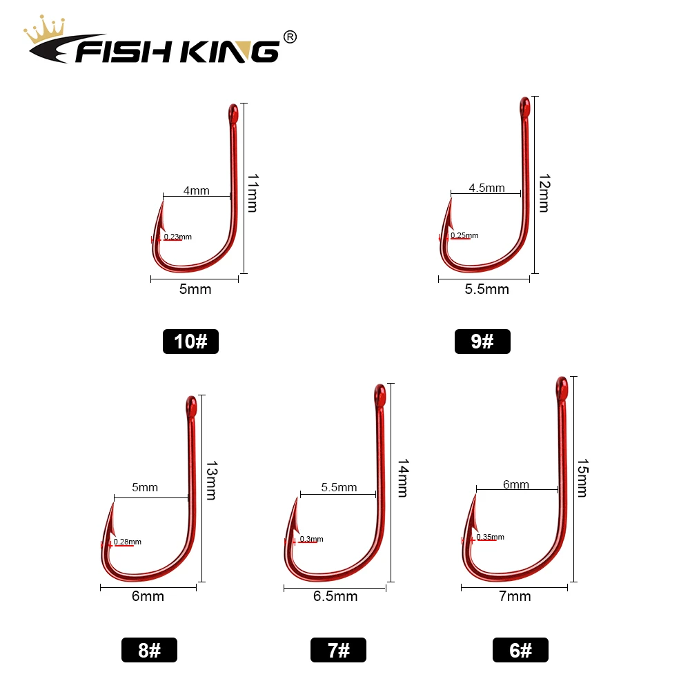 FISH KING High Carbon Fishing Hook, Carp Hook, Fly Hooks, Jigs for Fishing, Chinese Sleeve, 6 #-14 #, 50 Pcs, 100Pcs