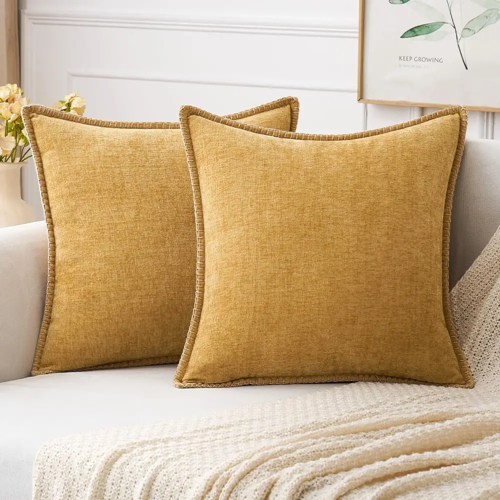 

Pa Of 2 Couch Throw Pillow Covers 18X18 H Gold Farmhouse Decorative Pillow Covers With Stitched Edge Soft Chenille Solid Dyed