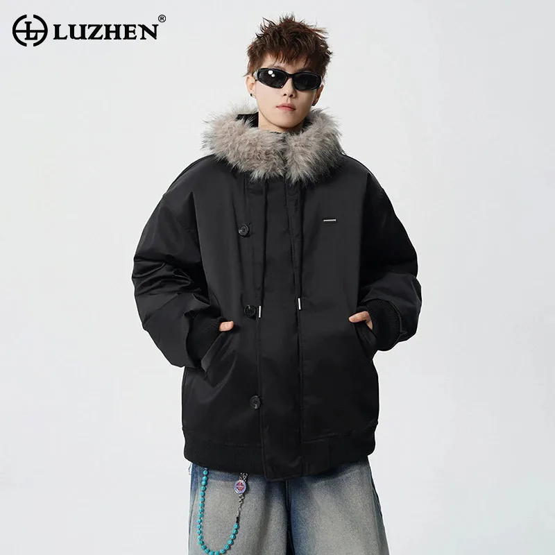 

LUZHEN 2025 Winter New High Quality Faux Fur Hooded Parka Jacket Men's Fashion Handsome Solid Color Casual Padded Coat JY5635