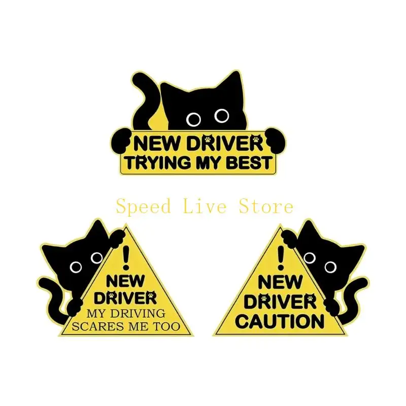 547C Reflective New Driver Magnet Stickers Funny Cats Design Caution Warning Sign for Beginner 3PCS Set
