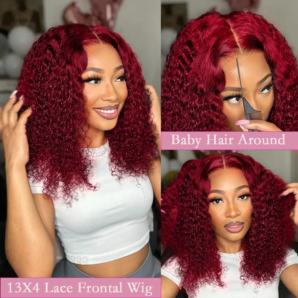 Perruque Bob Lace Closure Wig Brésilienne Naturelle, Cheveux Courts Bouclés, Bordeaux 99J, HD, 200 de Densité