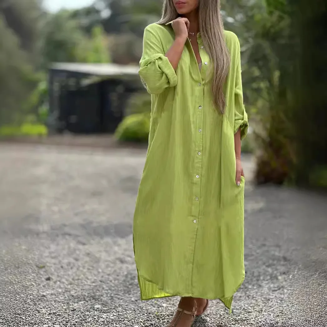 Cotton Linen Shirt Long Dress for Women Casual Long-sleeved Cardigan Muslim Dress Women Kaftan Single-breasted Vestidos De Mujer