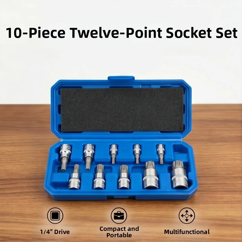 10 Piece 12 Point Socket Bit Set 1/4 Inch Drive Chrome Vanadium Steel Blue Screwdriver Adapter Kit For Automotive Repair Hand To