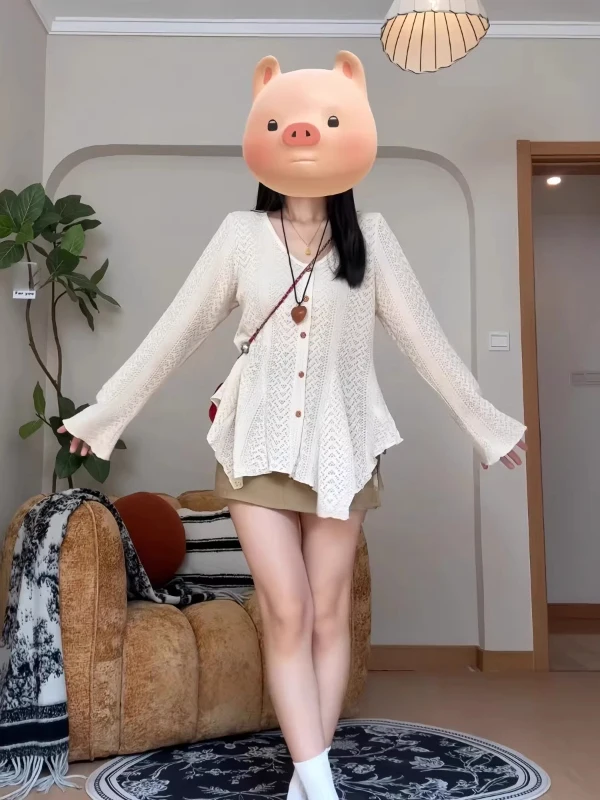 

plus Size Hollow out Gentle Slim Fit Long Sve V Ne Bell Sve Knitted Top Korean Sle Commute Soft Fabric Women's Faion