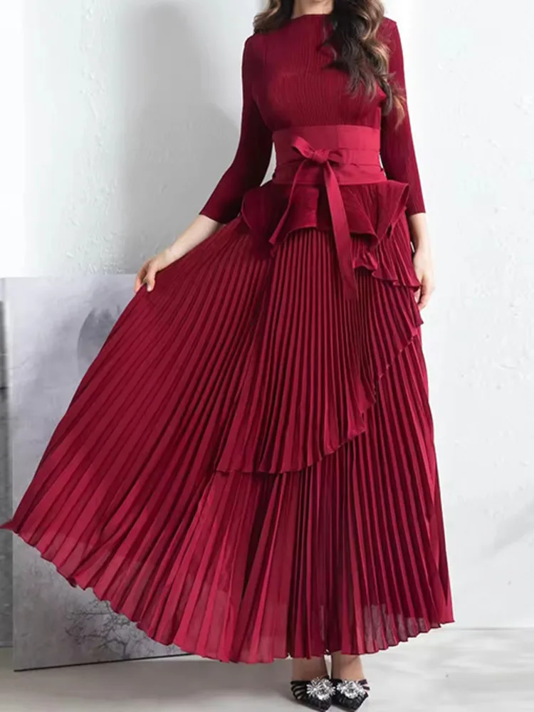 LANMREM Fashion Party Pleated 2 Piece Set Women Round Neck Irregular Belt Gathered Waist Solid Long Dresses 2024 New 32C1114