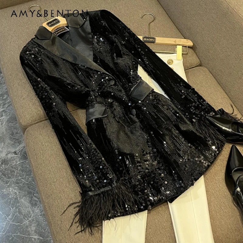 2024 Spring Fashion Socialite Affordable Luxury Style Sequined Velvet Suit All-Matching Slim Fit Cuff Furry Splicing Coat Blazer