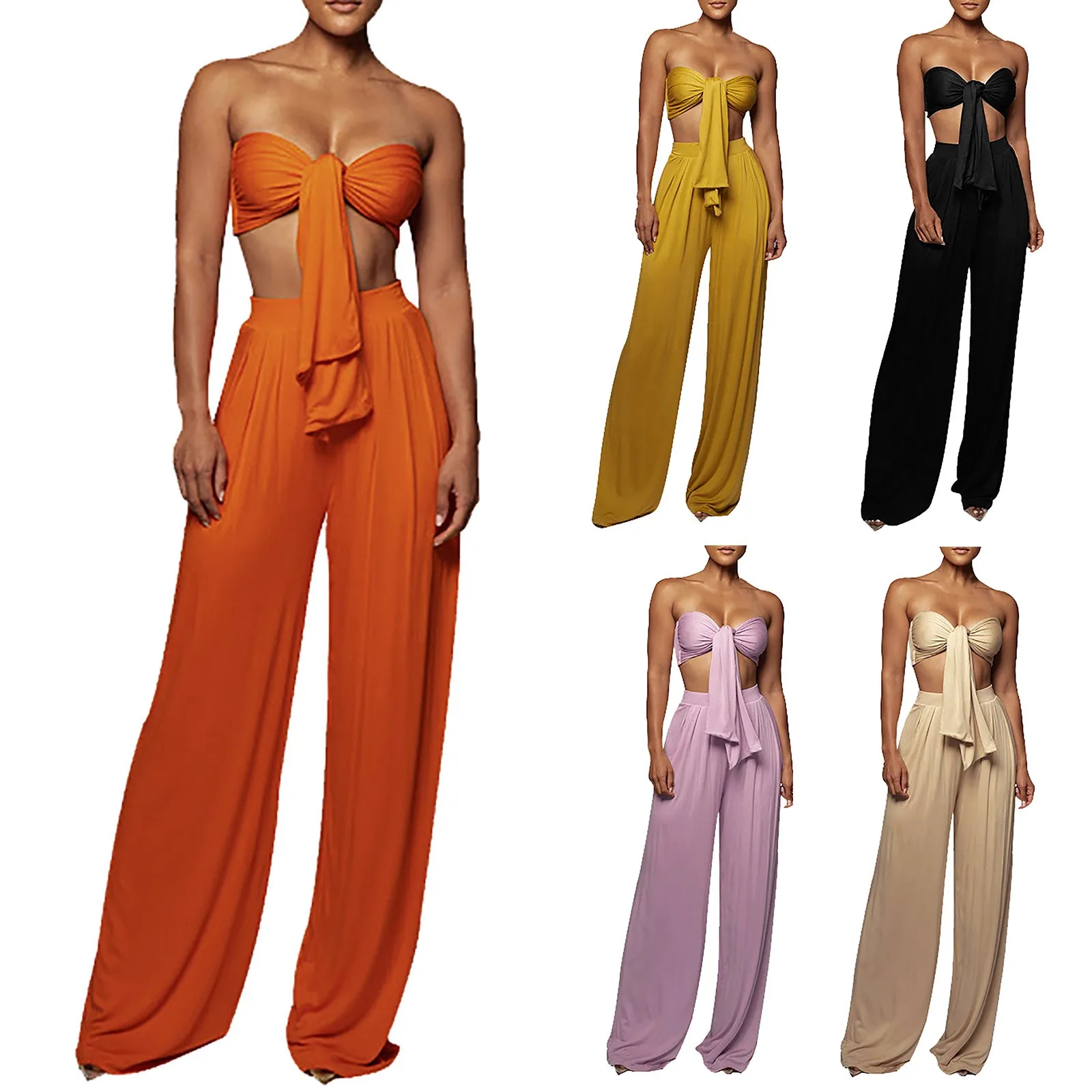 Ladies\' Summer Solid Color Lace Up Tube Top Midwaist Wide Leg Pants Fashion Casual Set Womens Pants Suits