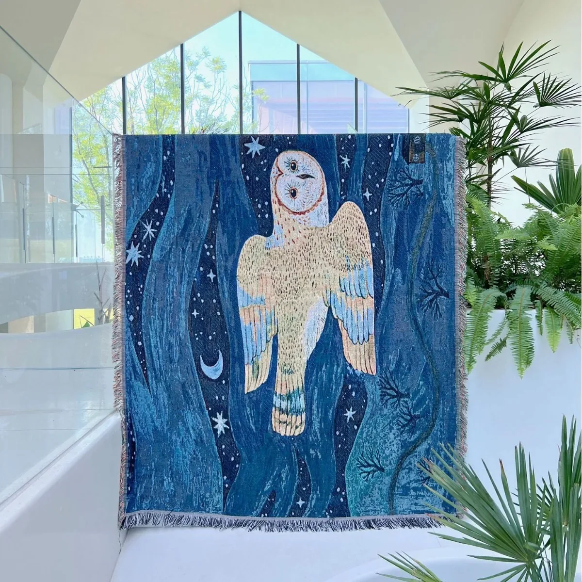 Galaxy Owl Van Gogh Inspired Jacquard Woven Throw Blanket Fringed Celestial Night Sky Artistic Decorative Sofa Blanket for Home