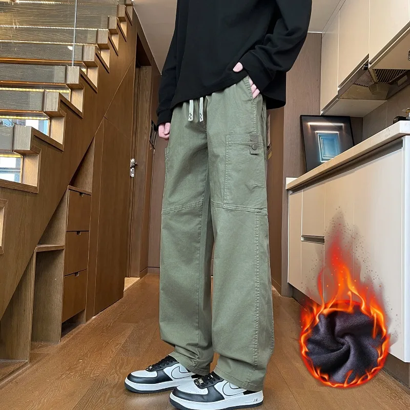 

Winter Drawstring Casual Pants Men's Fashion Large Pocket Straight Velvet Trousers Warm Thickened Wide Loose Plush Trousers Male