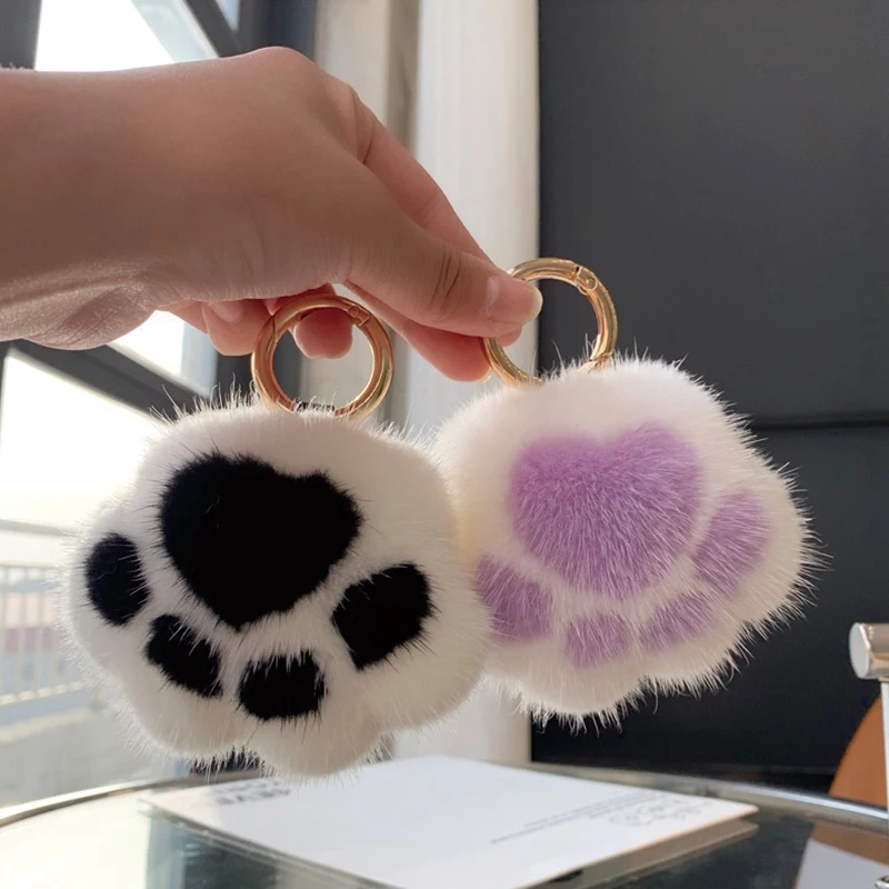 Women Car Key Pendant Faux Mink Fur Keychain Girl Cute Plush Cat Claw Bag Charm Ornaments Soft Pompom Bear Claw Key Ring Jewelry