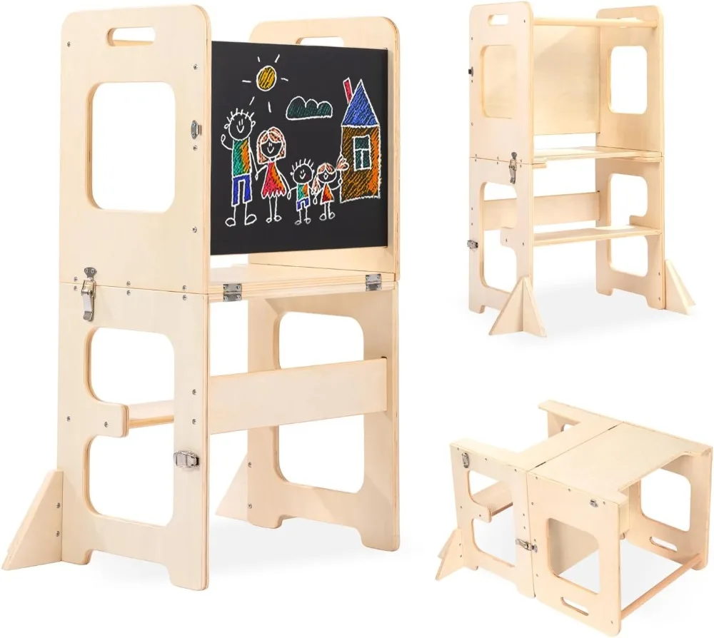 Aprendendo Standing Tower para Cozinha, Ajudante com Quadro, Bamboo Step Stool, Mesa e Cadeira, 4 em 1