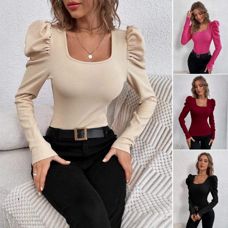 

2024European and American Women's Clothing Fashion Square Collar Gigot Sleeve Knitted Long SleeveTT-shirt Top