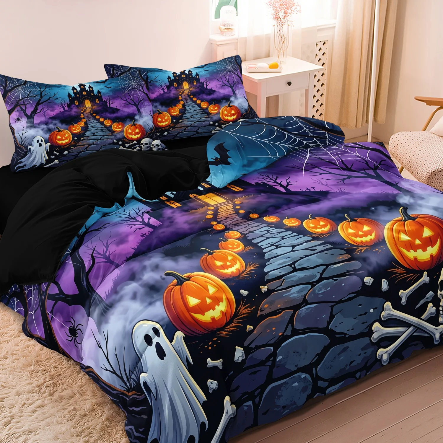 3 Pieces Halloween Spooky Castle Print Duvet Cover Set, Purple Night Ghost Pumpkin Skull Haunted House Printed Bedding