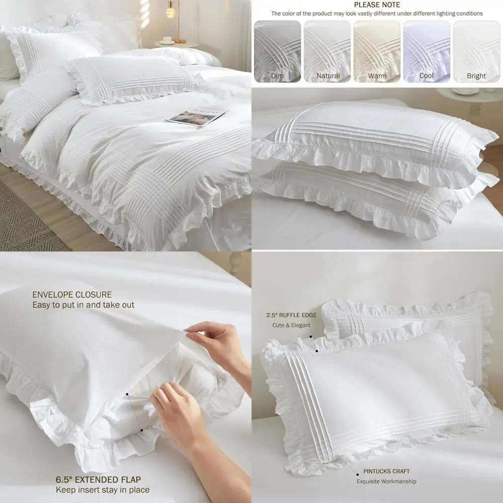

Queen Size Cotton Ruffle Duvet Cover Set with Pintucks, 3-Piece Bedding, Snap Closure, All-Season Suitable
