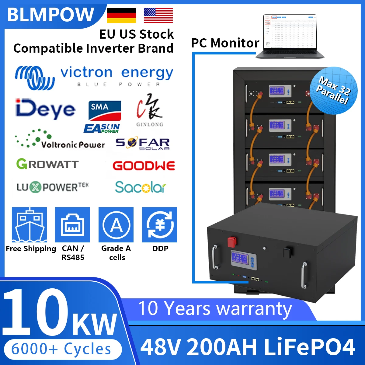 LiFePO4 48V 100AH 200AH Battery Pack 51.2V 10KW Lithium Solar Battery 6000 Cycle With 16S 200A BMS Max 32 parallel For Inverter