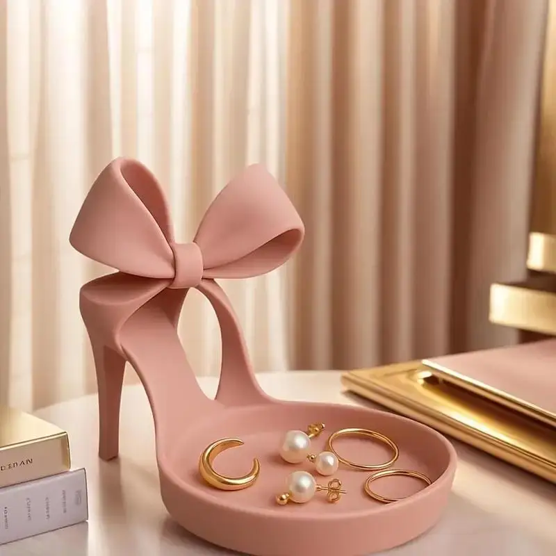 3D Printed High Heel Jewelry Holder - Elegant Shoe-shaped Jewelry Tray With Bow Decoration, Ring Holder And Storage Function