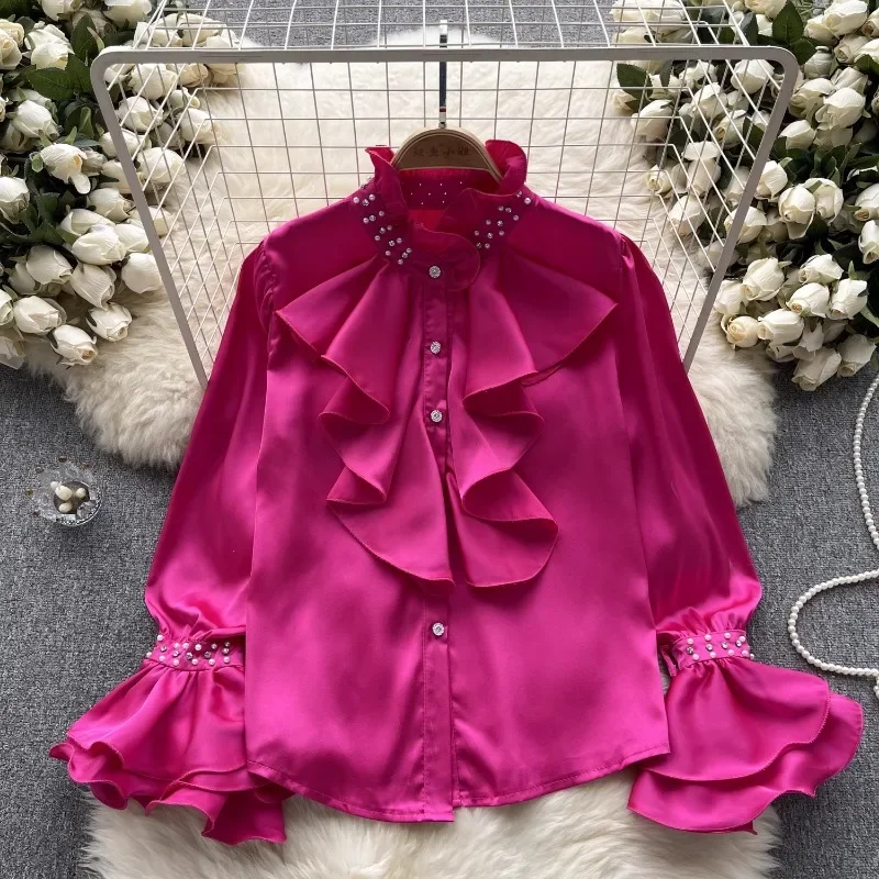 OCEANLOVE Palace Style Solid Women Shirts&blouses Korean Fashion Ruffles Vintage Blusas Mujer Spring Autumn Beading Camisas