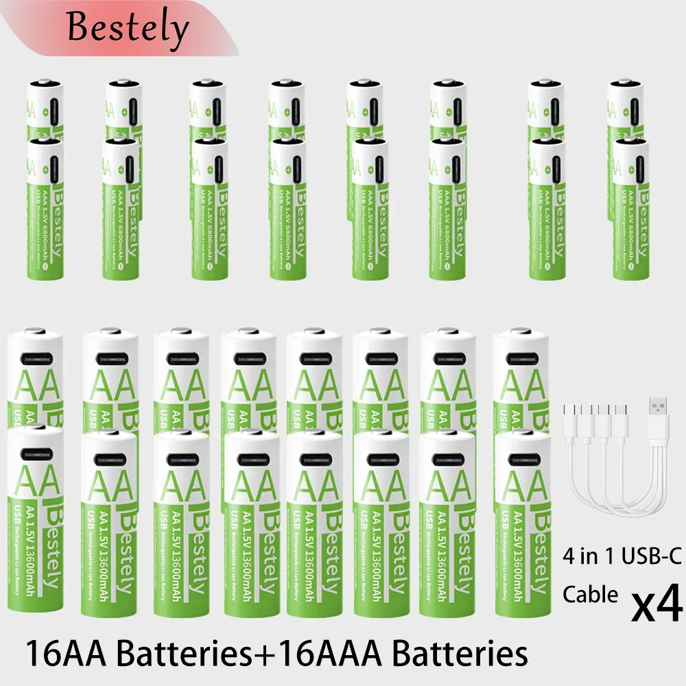New 1.5V AA 13600mAh+AAA 6800mAh Rechargeable Lithium Batteries Fast Charging Li-ion Battery 2000 Cycles with Free USB- C Cables