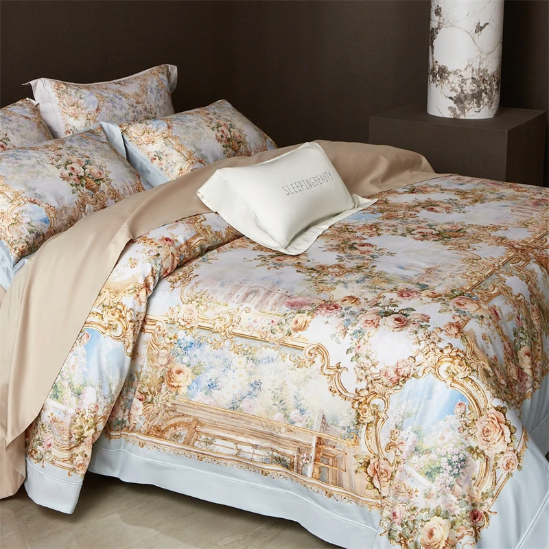 Luxury Floral Print Bedding Set Egyptian Cotton High Thread Count Rococo Baroque Duvet Cover Flat/Fitted Bed Sheet Pillowcases