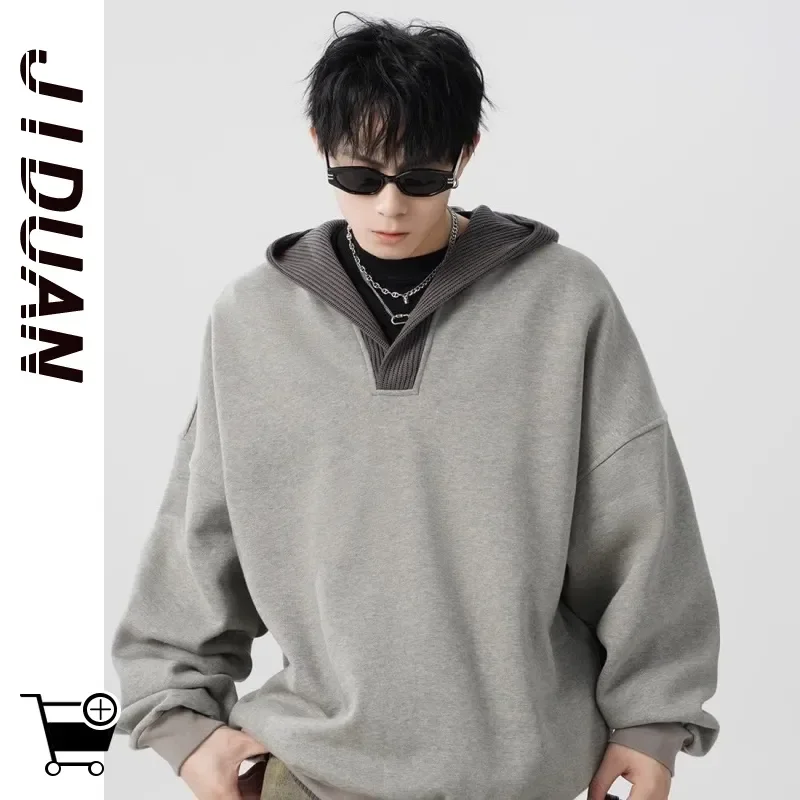 Sweat-shirt à col en v pour hommes, automne hiver, sweat à capuche tricoté, épissage en laine, Niche