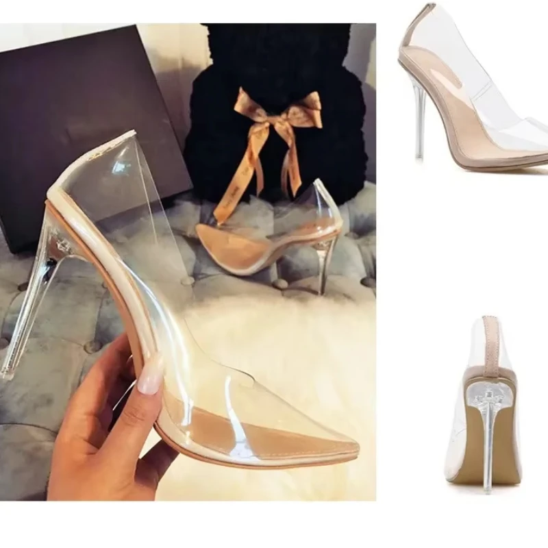 Clear PVC Transparent Pumps Sandals Perspex Stilettos High Heels Pointed Toe Womens Nightclub Zapatillas De Mujer