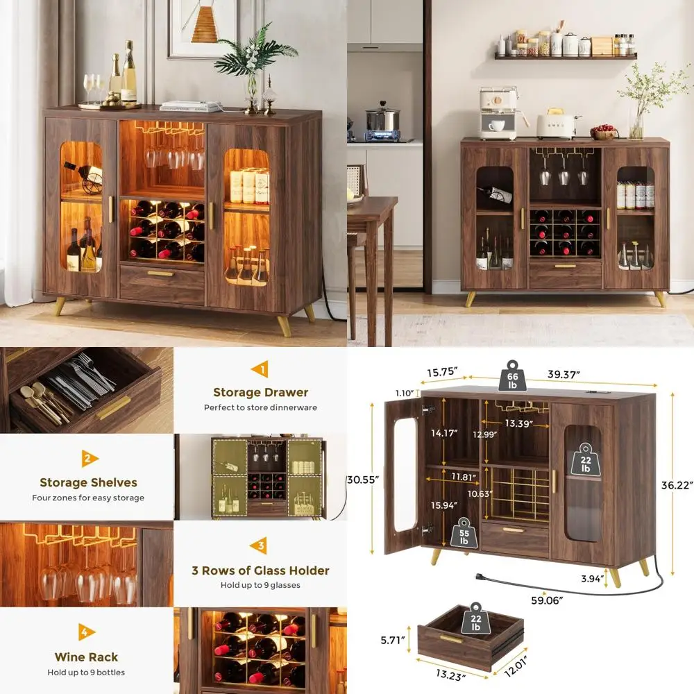 

Современный шкаф для кофе-бара со светодиодной подсветкой, розетками и винной стойкой в стиле фермерского дома