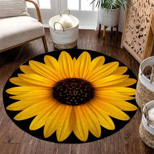 Circle Floor Carpet Giant Golden Petals Layout Dense Dark Core Disc Printed Solid Black Backdrop for House Apartment Floor